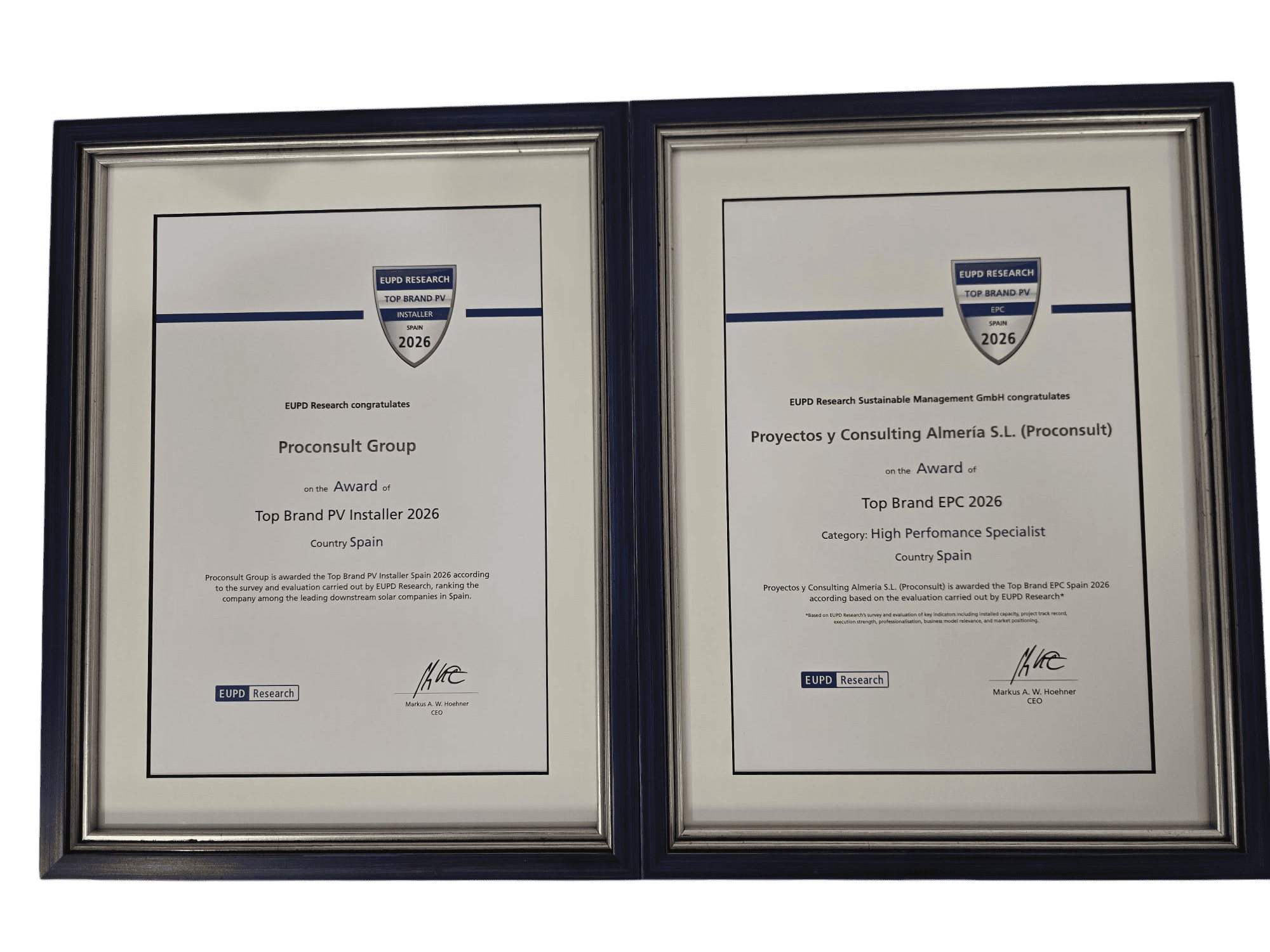 Certificaciones EUPD Research de Proconsult. Top Brand PV Installer y Top Brand EPC 2026 en España